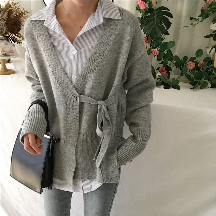2019 Осень Новый женский кардиган свитер свободный однотонный Пояс дизайн длинный рукав корейский модный элегантный повседневный хит