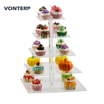 

GEJIGEMI 1PC Square 5 Tier Acrylic Cupcake Display Stand /acrylic Cake Stand/Cake Holder 5 Tier Square(4.7" Between 2 Layers)