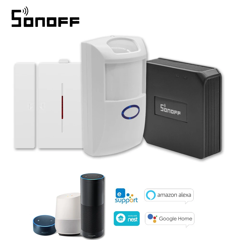 

SONOFF RF Bridge ITEAD 433MHz WIFI Wireless Switch Module + PIR2 PIR Sensor + DW1 Door And Window Alarm Sensor for Alexa Google