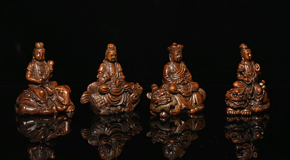 Рождественский Китайский буддизм деревянный ящик карve Ksitigarbha Guan Yin 4 статуя Будды Набор Хэллоуин