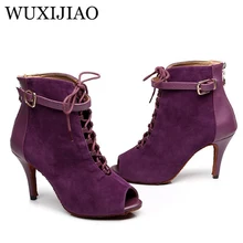 WUXIJIAO Autumn and Winter Black Purple women's velvet Genuine leather Latin dance Salsa Dance Ballroom Shoes heel 10CM