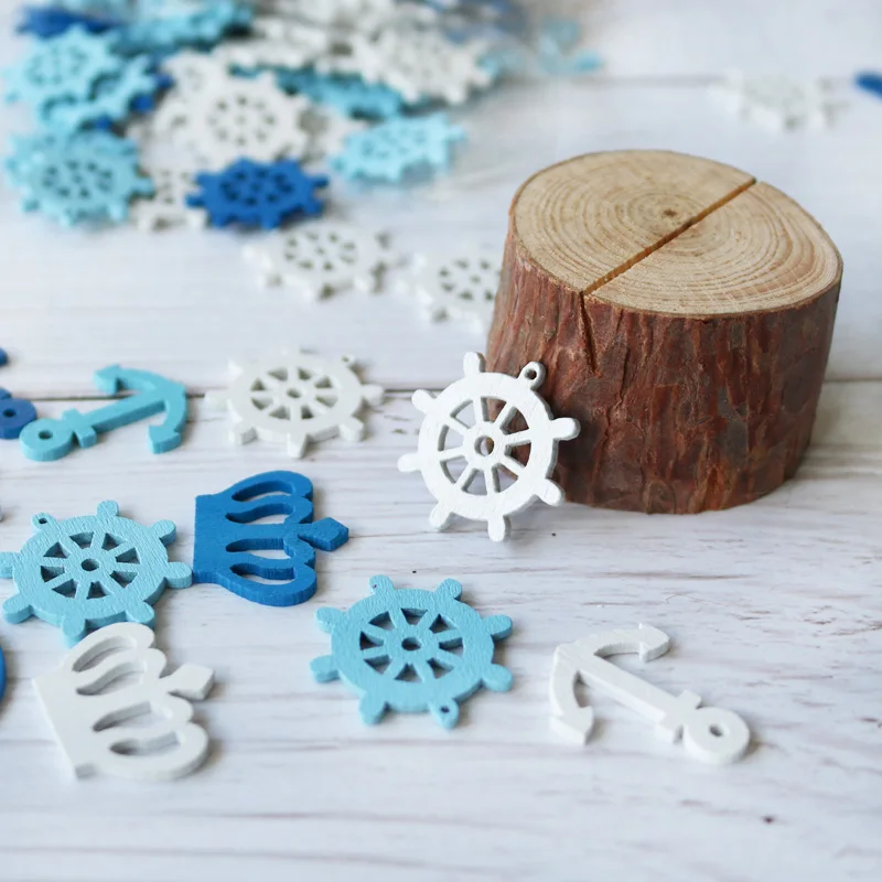 

100pcs Anchor and Helm Wooden Buttons Pendants Clothing Decorative Mixed Color Anchor Steering Wheel Crown Buttons Wood Gift Tag