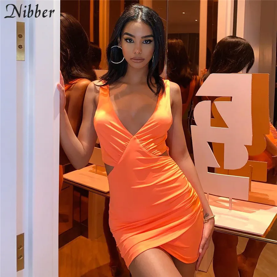 

Nibber2019summer sexy club wear Neon color mini dresses women party night hollow office dress Beach Casual Bodycon dress mujer