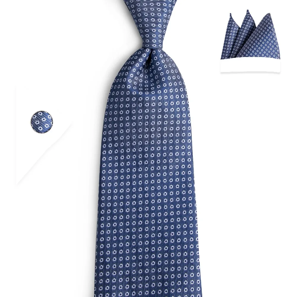 

DiBanGu Fashion Blue White Dots Ties For Men Hanky Cufflinks Tie Set 100% Silk Men's Neck Tie Business Wedding Tie Set SJT-7147