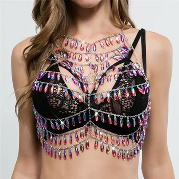 

Bling Rhinestone Tassel Bra Top Breast Chains Harness Bohemian Jewelry Sexy Beach Maxi Necklace Bikini Fringe Chains Jewelry New