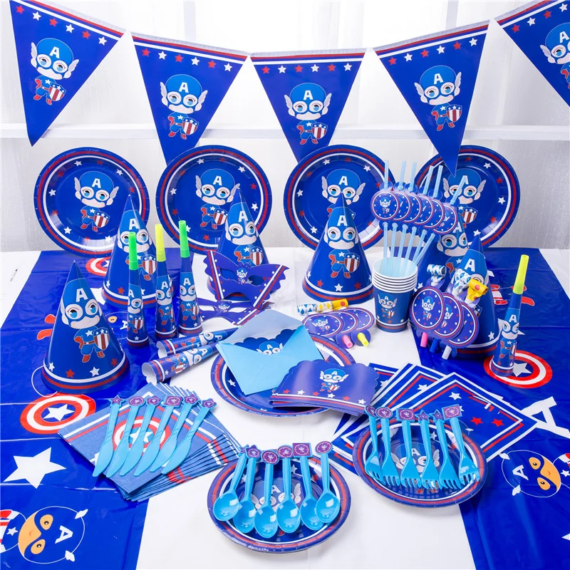 

Cartoon Captain America Kids Birthday Party Decorations Supplies Paper Plate Cup Flag Disposable Tableware Baby Shower Favor