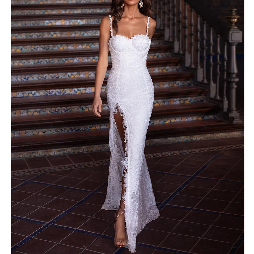

Summer Dresses Woman Party Night Sexy White Lace Sleeveless Dress Fashion Slim Strapless Fit and Flare Spaghetti Strap Dress