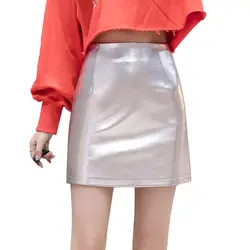 2018 новый металлический Цвет искусственная кожа Для женщин сексуальные юбки Высокая талия на подкладке Яркий ПУ мини короткие бедра