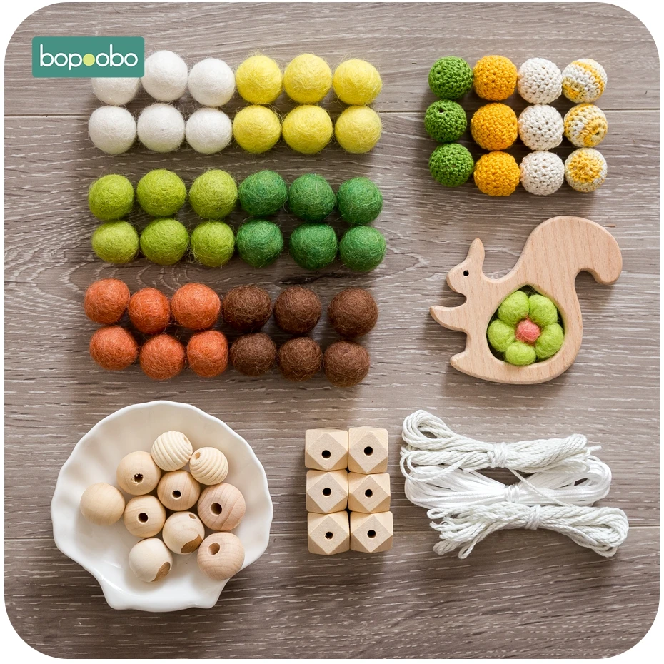 Bopoobo 1Set Baby Teether DIY Silicone Beads Pacifier Clip Chain Baby Mobile Wool ball BPA Free Wooden Crochet Beads Teether