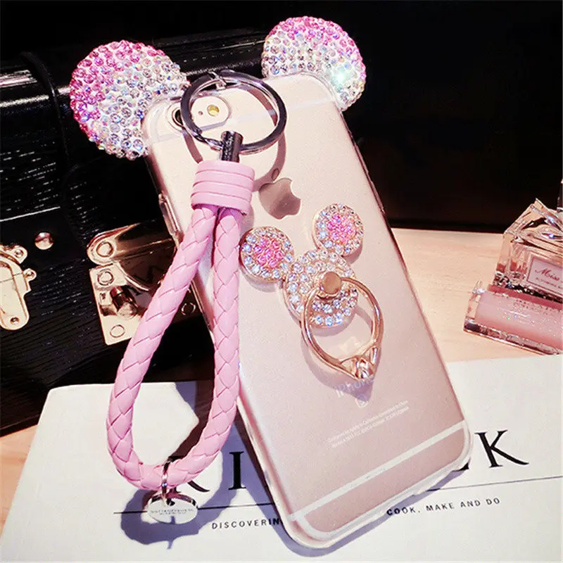 Для iPhone 6 S 7 8 Plus X милые девушки Мышь уши Bling Diamond чехол для телефона с палец кольцо