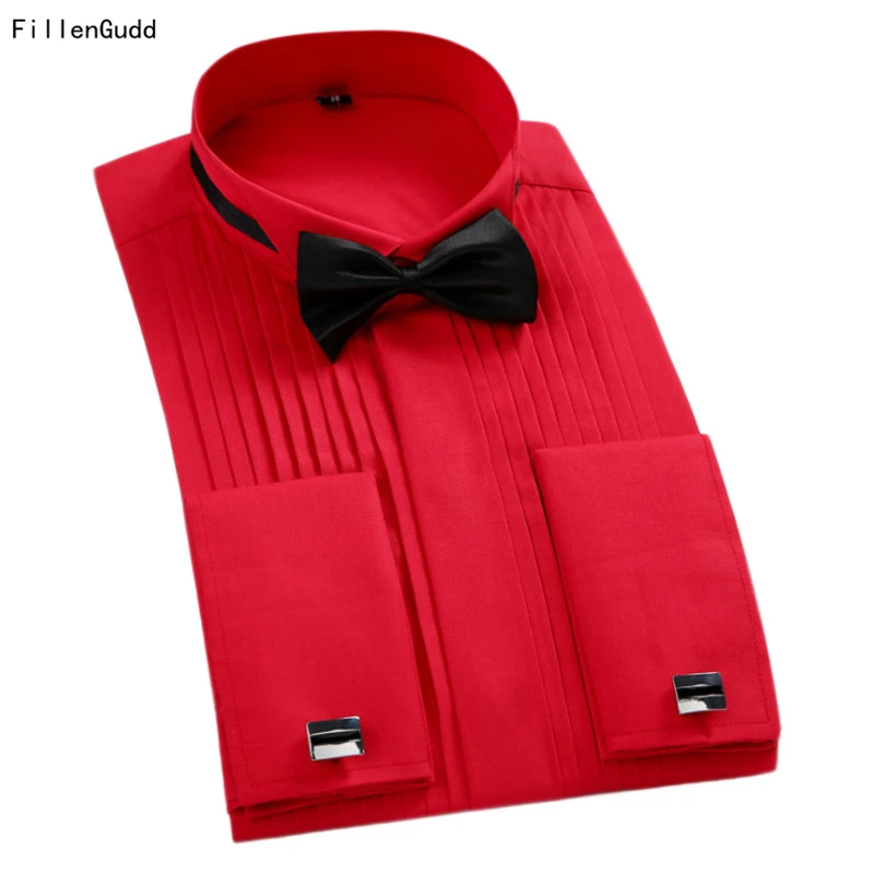 

FillenGudd 2018 New Plus size 5XL Long Sleeve Men Tuxedo Shirts Red White Black French Cuffs Men Dress Wedding Shirts Bridegroom