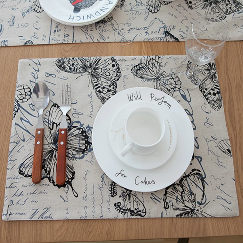 4pcs cotton linen pastoral placemat table mat butterfly floral flower