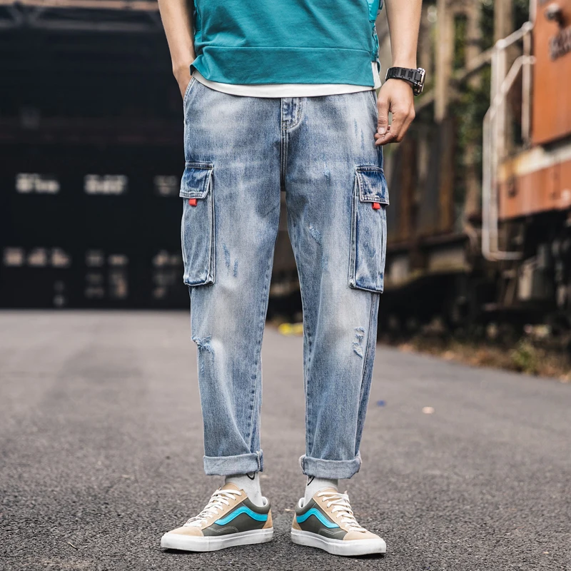

Jeans Pants Workwear Multi-Pockets Biker Cargo Motorcycle Denim Casual hip hop streetwear jeans