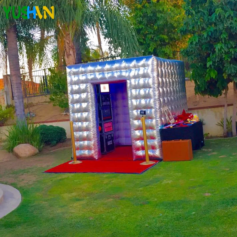 

Silver inflatable photo booth Backdrop stand with 4 PCS LED bulb light and Air fan Inflatable Cabin for wedding Party decoration