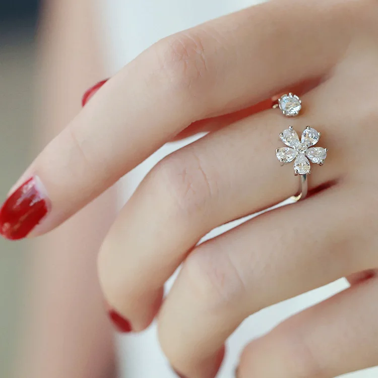 

Bamos Luxury Female Girls Adjustable Flower Ring 925 Sterling Silver CZ Stone Ring Promise Engagement Rings For Women