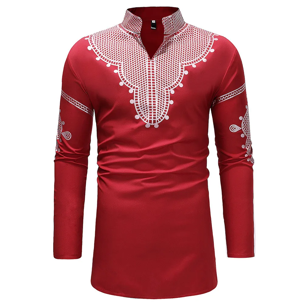 

Brand Men's Shirts 2019 Spring Social Shirt red Print Pullover Pattern Casual Shirt Men Stand Collar Slim Fit Clothing Top