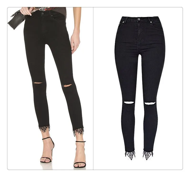 European and American women's wear high waist slender body elastic wash knees broken holes jeans nine trouser leg stitching lace super popular (3)