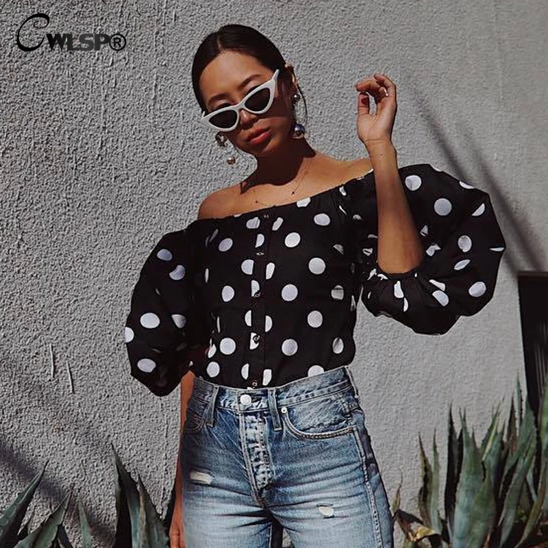 

CWLSP Polka Dot Print Slash neck Blouse women 2018 Summer Open shoulder chiffon tee shirt femme roupas feminina QL4016