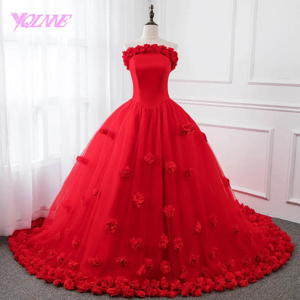 YQLNNE красные цветы Vestidos Бальные платья бальное платье на шнуровке милое 16 платье Vestido De 15 Anos с свободная Пышная юбка - Цвет: Красный
