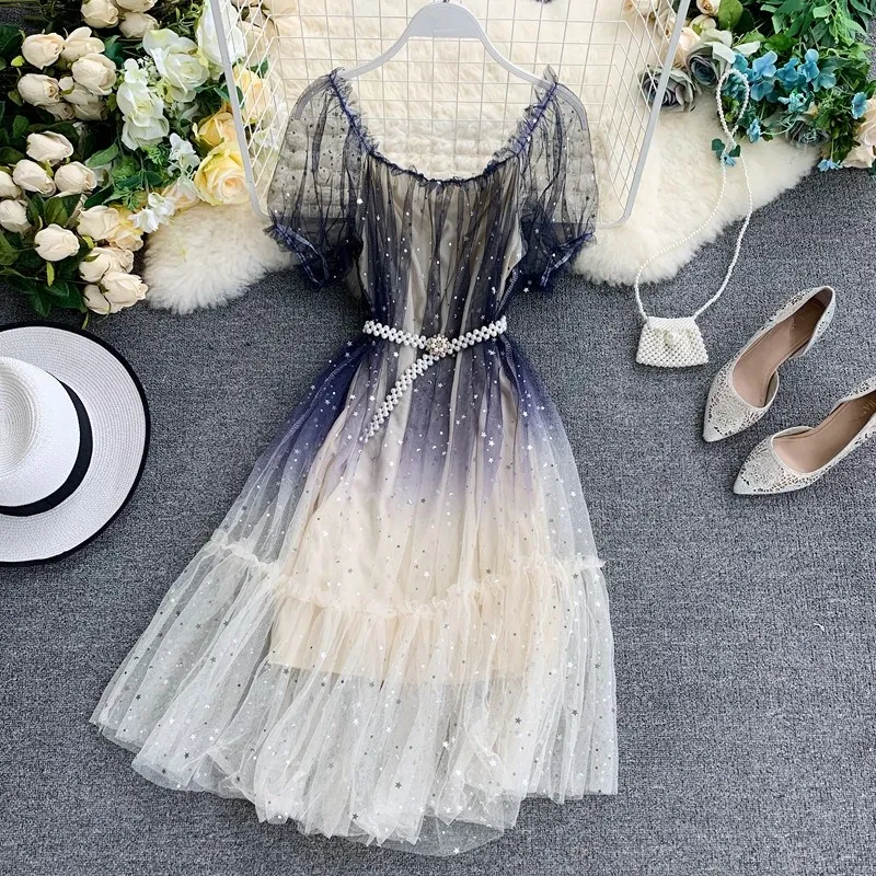 

Women Slash Neck Sequins Ruffle Mesh Dress Summer Transparent Puff Sleeve A-Line Dress Sequined Casual Knee Length Dresses