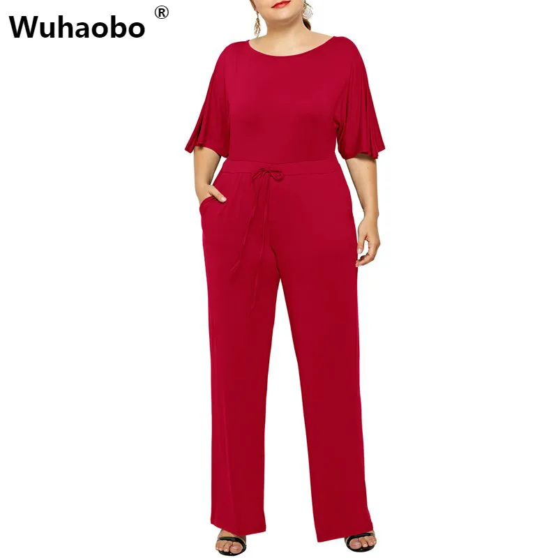 

Wuhaobo Plus Size Women Elegant Jumpsuits Summer Fashion Female O-neck Pure Color Wide Leg Pants Casual Loose L-3XL Red Romper