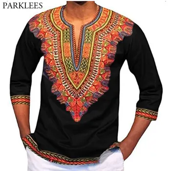 

Mens Casual V Neck African Print Dashiki Shirt 2018 Brand New Slim Fit Three Quarter Sleeve Design Vetement Africain Pour Homme