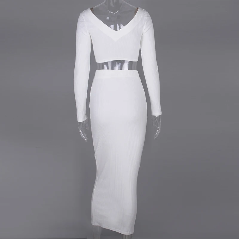 FREE SHIPPING Sexy Two Piece Set Vneck Long Sleeve Crop Top Long Skirt