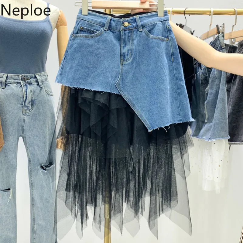 Neploe Irregular Denim Mesh Patchwork Skirts Women Fashion Button Fly Pockets Skirt Waist A-Line Jupe Femme 44101 | Женская одежда
