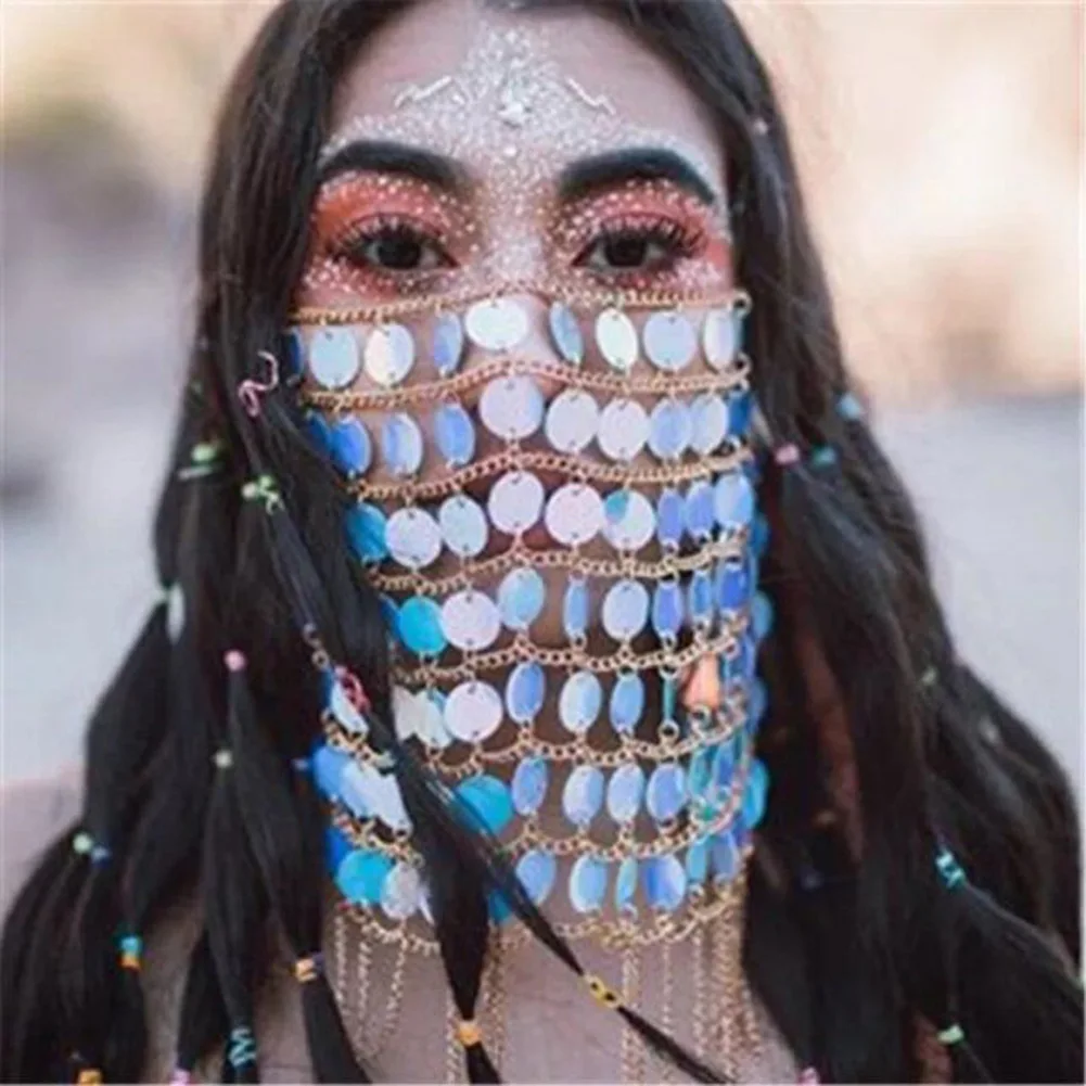 Best  Handmade Sequins Round Beading Alloy Mask For Women Vintage Bohemian Dance Show Party Sequined Tass