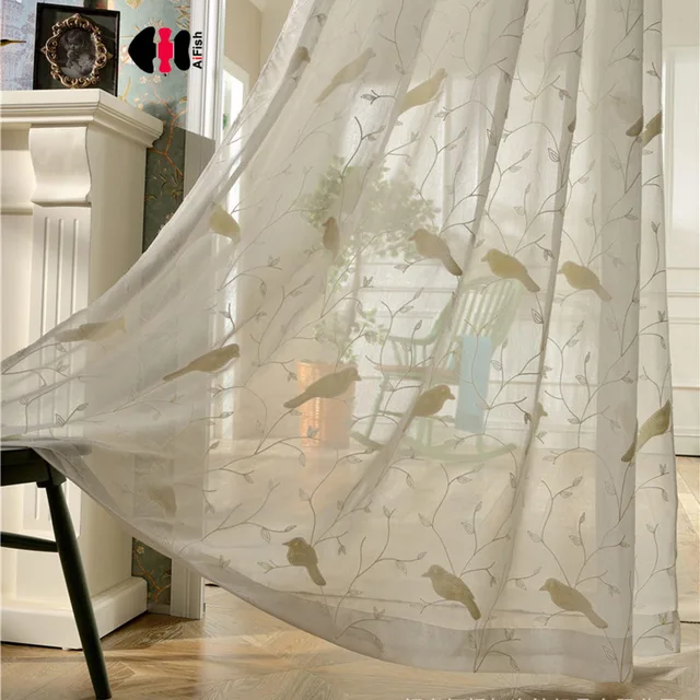 Bleu rideaux Branches D\'oiseaux Sheer rideaux blanc Tulle Fenêtre ... Bleu rideaux Branches D\'oiseaux Sheer rideaux blanc Tulle Fenêtre ...