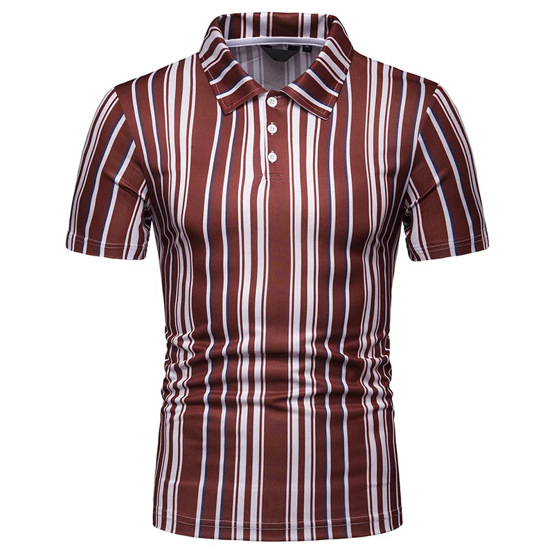 Новая летняя мужская рубашка поло с коротким рукавом, Мужская рубашка поло контрастного цвета в полоску, с узким отворотом, повседневная мужская рубашка Поло - Цвет: Коричневый