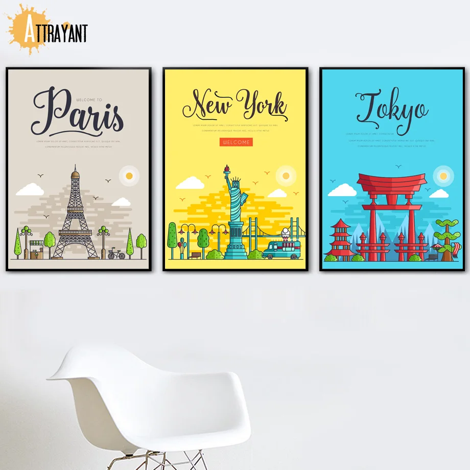 

London Pairs New York Abstract Cartoon Nursery Wall Art Print Canvas Painting Nordic Posters And Prints Wall Pictures Kids Room