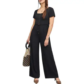 

Women Jumpsuit Romper Short Sleeve Big Neck Casual Playsuit Overalls Ladies Wide Leg Loose Black Playsuit body blanc femme#b395