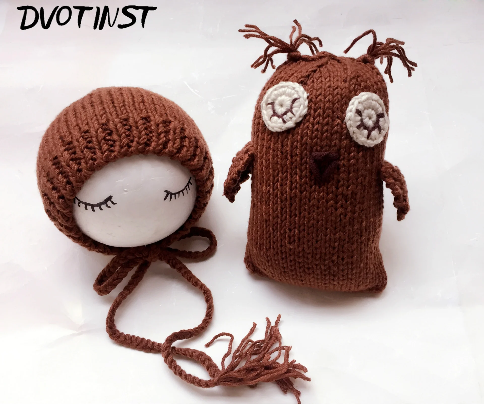 Baby Photography Props Hat+Owl Dolls Crochet Knitted Shower Gift Newborn Fotografia Accessories Infantil Studio Shoot Photo - Цвет: Brown