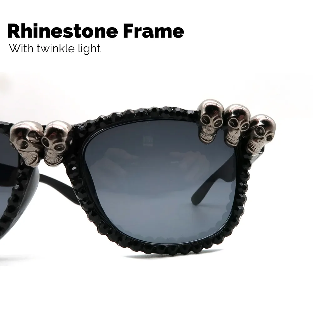 VIVIBEE трендовые женские черные череп стразы Хэллоуин солнцезащитные очки великолепные солнцезащитные очки «кошачий глаз» для дам круглые готические оттенки
