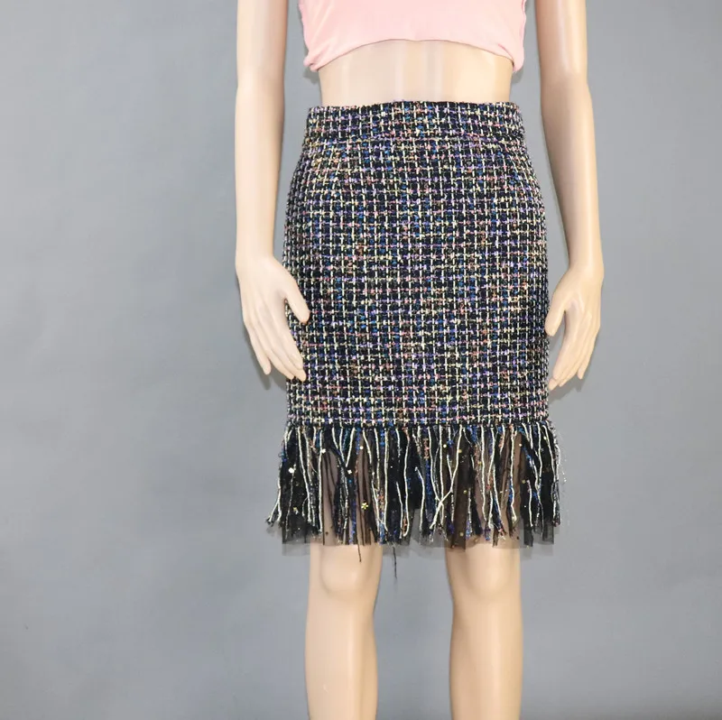 

High quality plaid tweed skirts 2019 autumn women's tassels pencil skirts A588