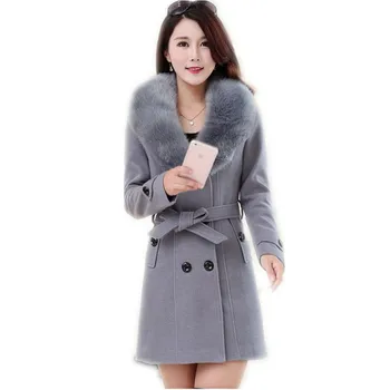 

2019 Fashion Winter&Autumn Women Slim Cotton Warm Woolen Blends Jacket Coat Female Soft Fur Collar Double Breasted Coat CQ761