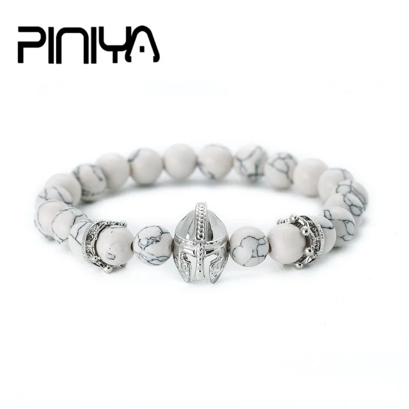 

PINYA New Fashion Men's Knight Spartan Helmet and Crown Charm Bracelet Strand Africa Howlite Stone Bead Elastic Yoga Bracelets
