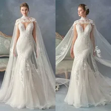 Длинное Болеро для невесты с высоким воротом, шали на заказ, Кружевная аппликация, свадебные накидки