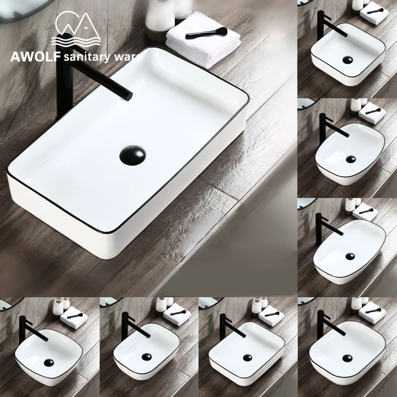

Bathroom Sinks Simplicity Design Ceramic Vessel Square Washing Basin Sink White Color With Pop Up Drain Soft Hose AM819