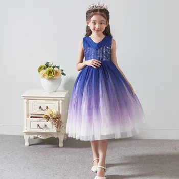 

2019 Girl dress with beads / Gradient color dress for girls / V-Neck dress