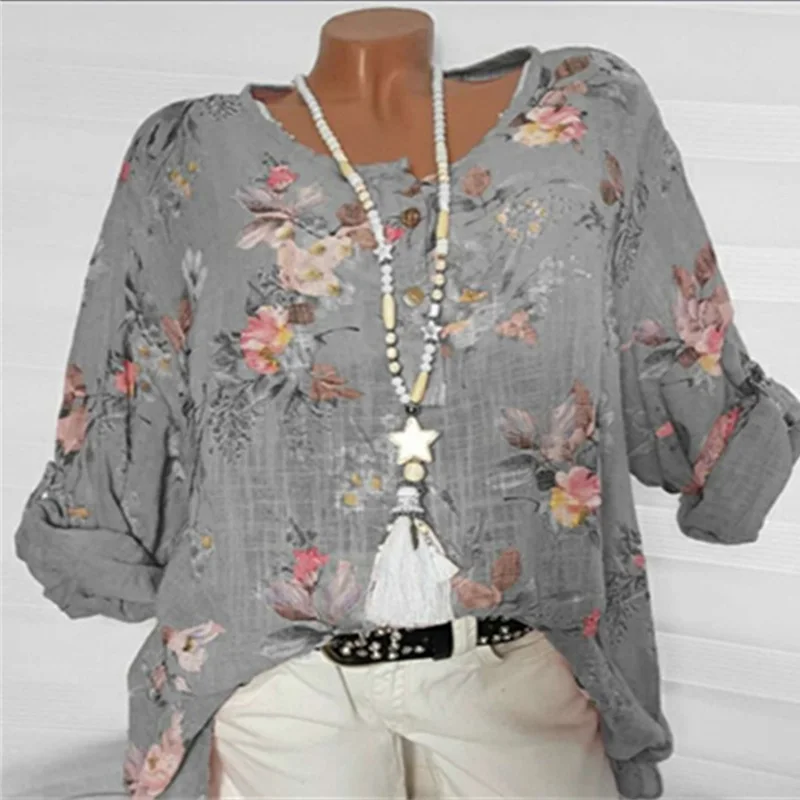 Plus Size  5XL 4XL Summer Floral Women Shirts 2019 Long Sleeve O Neck Boho Loose Beach Ladies Tops Print Buttons Blouses Shirt
