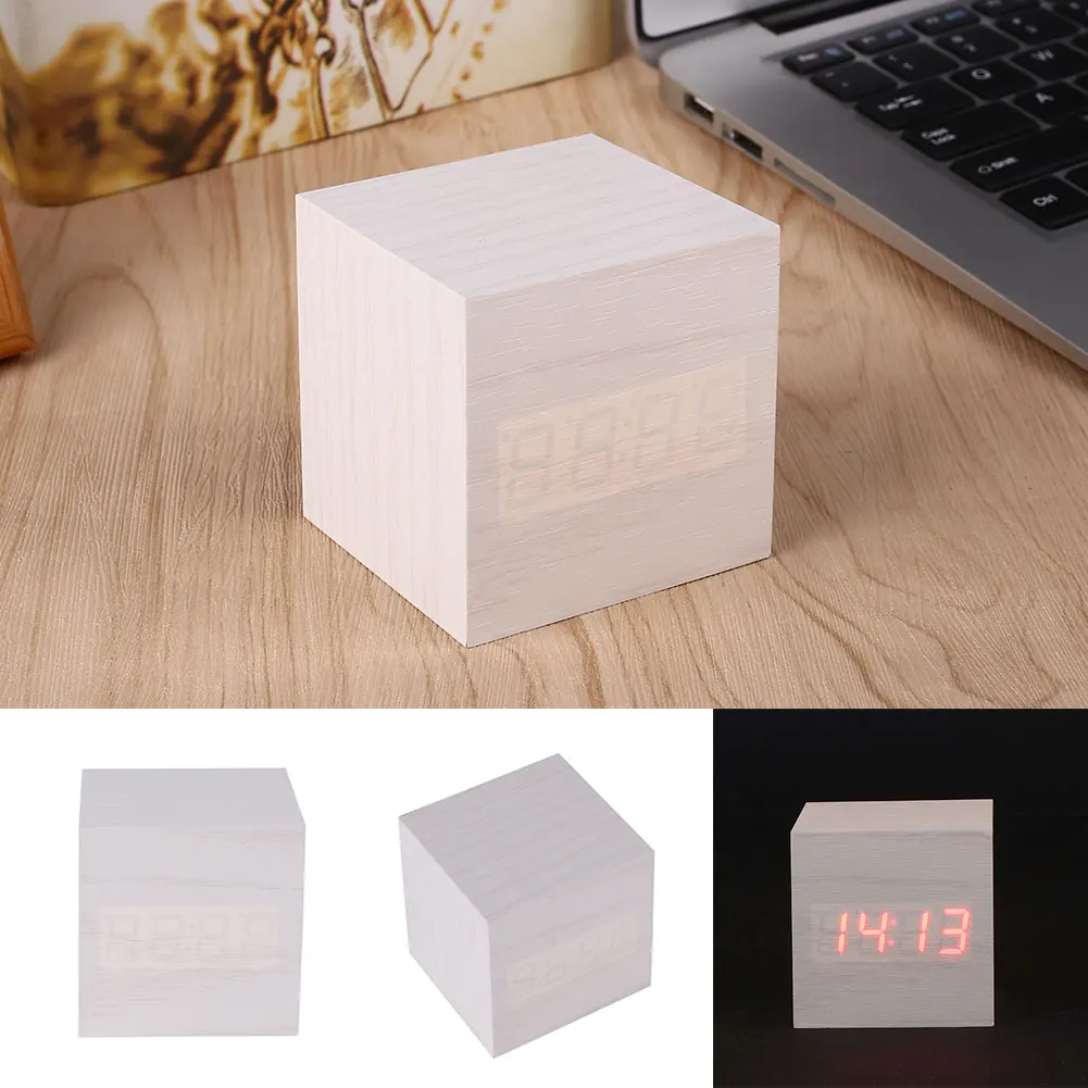 

Simple Cube Click Clock Gift Alarm-LED Display Wood Sound Activated Home Decor