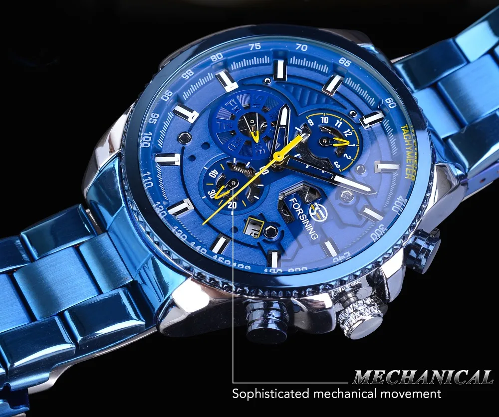 Forsining Мужские автоматические часы синий стальной ремешок Календарь 3 Sub Циферблат наручные механические водонепроницаемые мужские часы