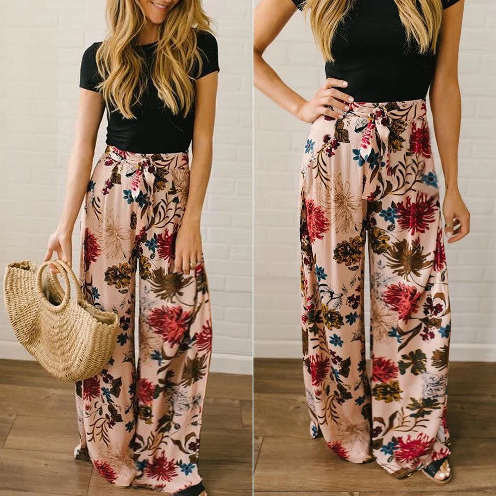 Women Floral Wide Leg Pants Casual Boho Beach High Elastic Waist Trousers Pants Sashes Summer Wide Leg Pants Loose Homewear Hot