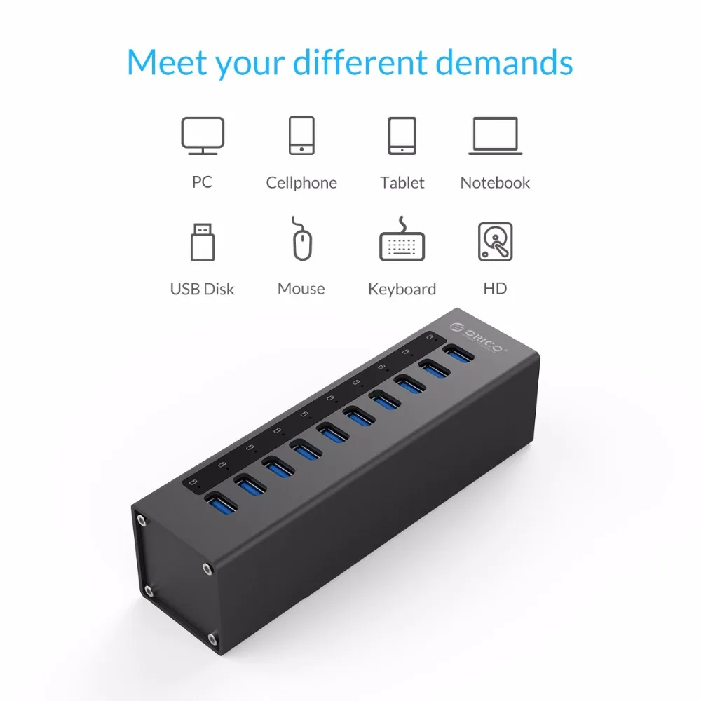 Концентратор USB 3 0 ORICO A3H10 новый дизайн с адаптером питания алюминиевый