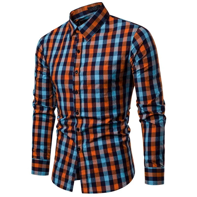 Drop Shipping Men Plaid Shirt Long Sleeve Cotton Shirts 2019 Fashion Casual Multi-color Checkered Man Clothes Chemise Homme