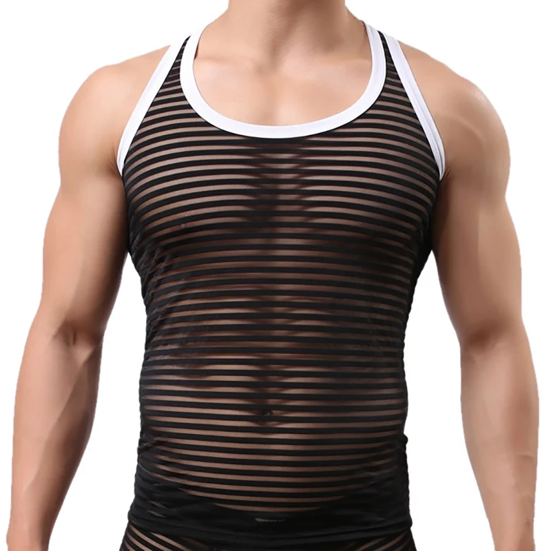 

AIIOU Men's Vest Mesh Stripes Transparent Undershirt Sexy Gay Mesh See Through Elastic Tank Top Undershirt Men Sleeveless Shirts