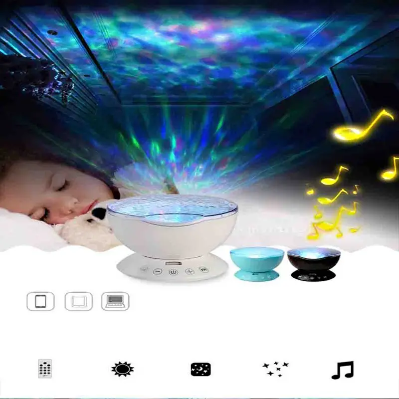 

Ocean Night Lamp Projector Music Player 7 LED Lights Modes Audio Plug Mini Amplifier Remote Control Speaker Creative Design
