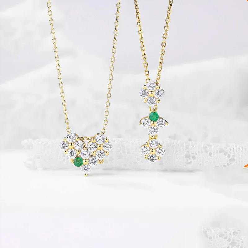 

Heart-shaped four-leaf clover necklace a dual-use natural powder tourmaline emerald sterling silver pendant